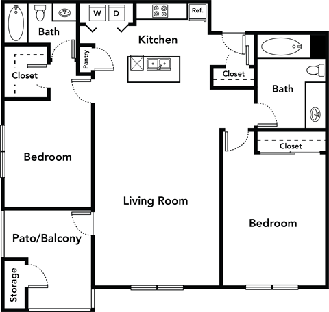 Floor plan for 2 beds, 2 baths, 955 sqft